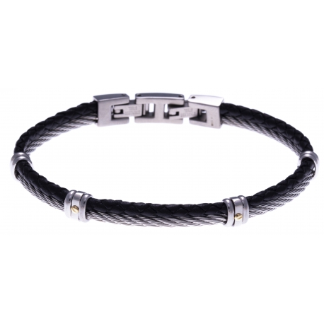 Bracelet acier - 1 cable acier - cuir tressé noir italien - vis en or jaune 18KT 0,03gr - 19,5+1,5cm
