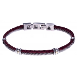 Bracelet acier - 1 cable acier - cuir tressé rouge italien - vis en or jaune 18KT 0,03gr - 19,5+1,5cm