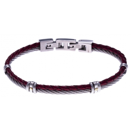 Bracelet acier - 1 cable acier - cuir tressé rouge italien - vis en or jaune 18KT 0,03gr - 19,5+1,5cm
