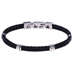 Bracelet acier - 1 cable acier noir - cuir tressé noir italien - vis en or jaune 18KT 0,03gr - 19,5+1,5cm