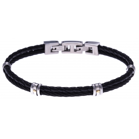 Bracelet acier - 1 cable acier noir - cuir tressé noir italien - vis en or jaune 18KT 0,03gr - 19,5+1,5cm