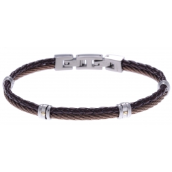 Bracelet acier - 1 cable acier marron - cuir tressé marron italien - vis en or jaune 18KT 0,03gr - 19,5+1,5cm