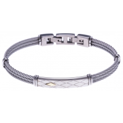 Bracelet acier - 3 câbles acier - plaque acier - or jaune 18KT 0,04g  - 19,5 + 1,5cm