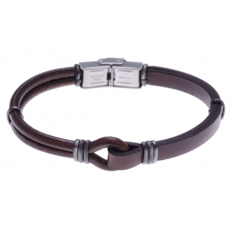 Bracelet acier - cuir marron italien  - composants acier effet veilli - 21,5cm