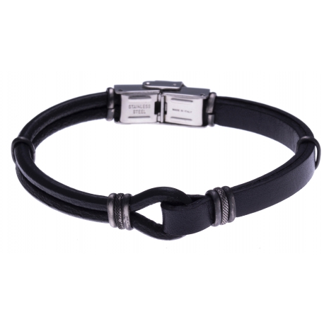 Bracelet acier - cuir noir italien  - composants acier effet veilli - 21,5cm