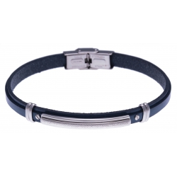 Bracelet acier - cuir bleu italien - plaque acier - vis - 21,5cm