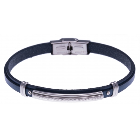 Bracelet acier - cuir bleu italien - plaque acier - vis - 21,5cm