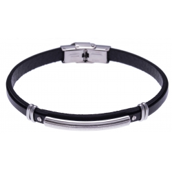 Bracelet acier - cuir noir italien - plaque acier - vis - 21,5cm