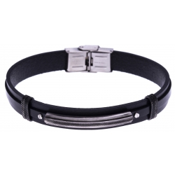 Bracelet acier - cuir noir italien  - plaque effet veilli - 21,5cm