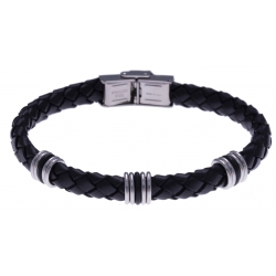 Bracelet acier - cuir tressé noir italien - composants acier - caoutchouc noir -