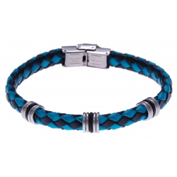 Bracelet acier - cuir tressé bleu et noir italien - composants acier - caoutchou