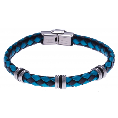 Bracelet acier - cuir tressé bleu et noir italien - composants acier - caoutchou