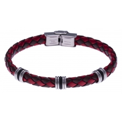 Bracelet acier - cuir tressé rouge et noir italien - composants acier - caoutcho