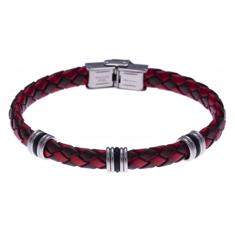 Bracelet acier - cuir tressé rouge et noir italien - composants acier - caoutcho