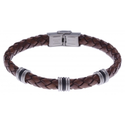 Bracelet acier - cuir tressé marron italien - composants acier - caoutchouc noir