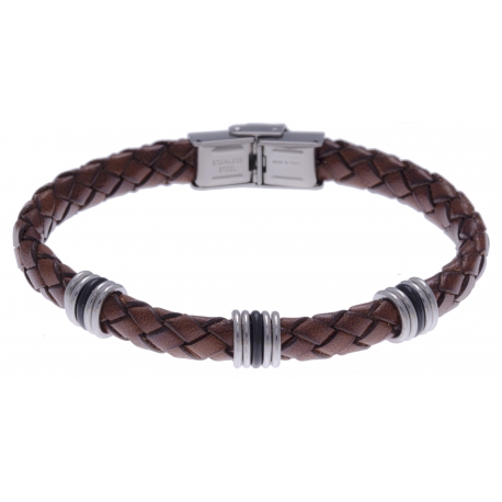 Bracelet acier - cuir tressé marron italien - composants acier - caoutchouc noir