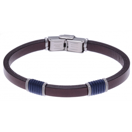 Bracelet acier - cuir marron italien - cordon bleu - 21,5cm