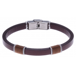 Bracelet acier - cuir marron italien - cordon marron - 21,5cm