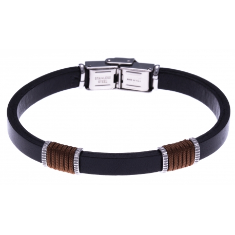 Bracelet acier - cuir noir italien - cordon marron - 21,5cm