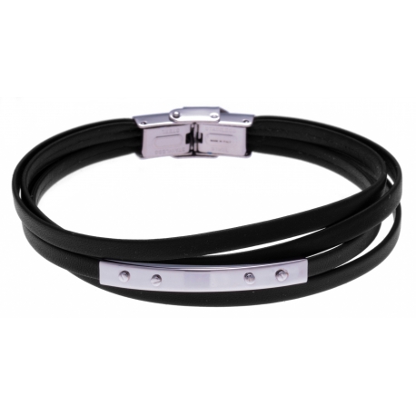 Bracelet acier - cuir noir italien - 4 rangs - plaque - 4 vis - 21,5cm