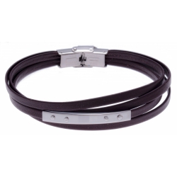 Bracelet acier - cuir marron italien - 4 rangs - plaque - 4 vis - 21,5cm