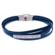 Bracelet acier - cuir bleu italien - 4 rangs - plaque - 4 vis - 21,5cm