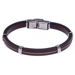 Bracelet acier - cuir marron italien - cable - composants acier - 21,5cm