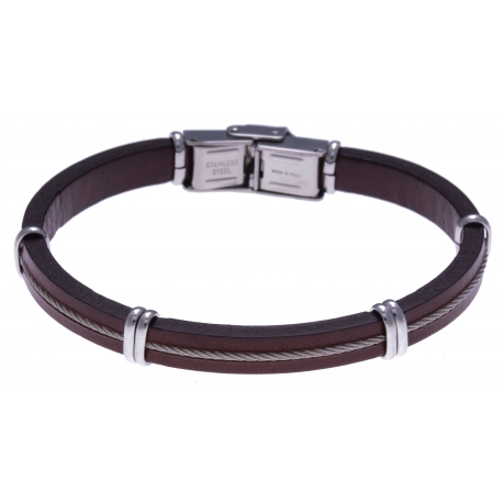 Bracelet acier - cuir marron italien - cable - composants acier - 21,5cm