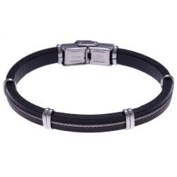 Bracelet acier - cuir noir italien - cable - composants acier - 21,5cm