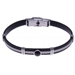 Bracelet acier - cuir noir italien - cable acier - composants acier - cabochon o