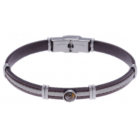 Bracelet acier - cuir marron italien - cable acier - composants acier - cabochon