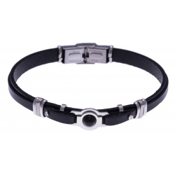 Bracelet acier - cuir noir italien - cabochon en onyx - composants acier - 21,5c