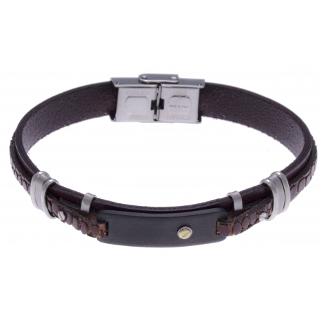 Bracelet acier 2 tons - cuir marron italien - 3 rangs -  plaque PVD noir - vis e