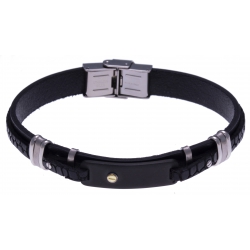 Bracelet acier 2 tons - cuir noir italien - 3 rangs -  plaque PVD noir - vis en