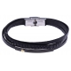 Bracelet acier 2 tons - cuir noir italien - 3 rangs -  plaque PVD noir - vis en