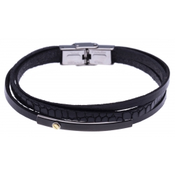 Bracelet acier 2 tons - cuir noir italien - 3 rangs -  plaque PVD noir - vis en