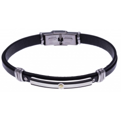 Bracelet acier - cuir noir italien - vis en or jaune 18KT 0,02gr - 21,5cm