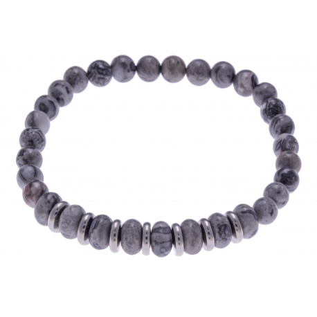 Bracelet acier pour homme - élastique - jaspe gris - 21 cm