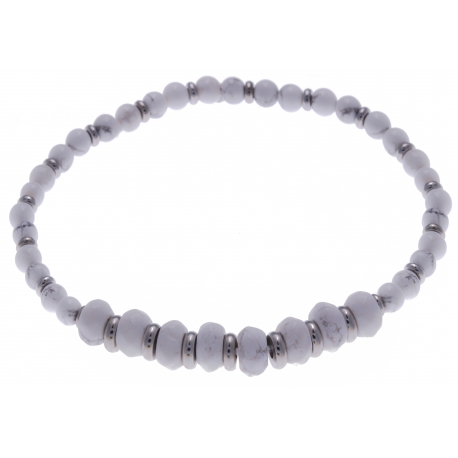 Bracelet acier pour homme - élastique - howlite blanche - 21 cm