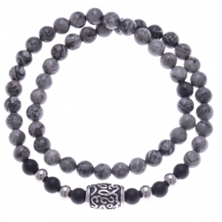 Bracelet acier pour homme - élastique - 2 tours - jaspe gris - onyx - 41 cm