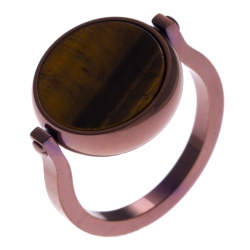 Bague en acier café - recto/verso - oeill de tigre - jaspe paysage - diamètre 14mm