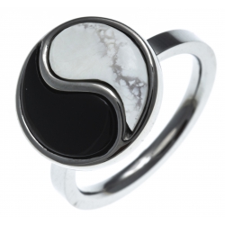 Bague en acier - howlite blanche - onyx  - T50 à 62