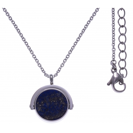 Collier en acier - recto/verso - lapis - onyx - diamètre 18mm - longueur 40+10cm