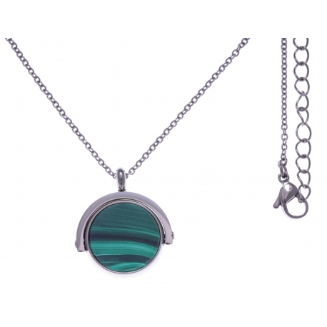 Collier en acier - recto/verso - malachite - amazonite - diamètre 18mm - longueu