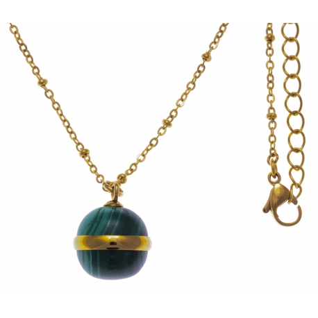 Collier en acier doré - malachite - diamètre de la boule : 15mm - longueur 45+10