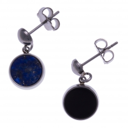 Boucles d'oreille en acier - recto/verso - lapis - onyx - diamètre 8mm