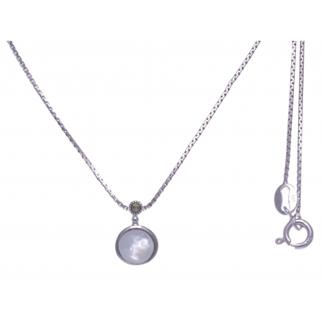 Collier argent rhodié 2,7g - nacre blanche - marcassites - 40cm