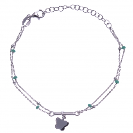 Bracelet argent rhodié 2,5g - 2 fils - papillon - perles vertes - 16+4cm