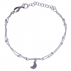 Bracelet argent rhodié 2,5g - 2 fils - lune - perles blanches - 16+4cm