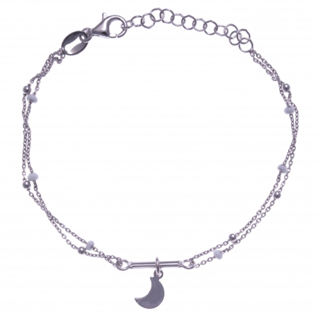 Bracelet argent rhodié 2,5g - 2 fils - lune - perles blanches - 16+4cm